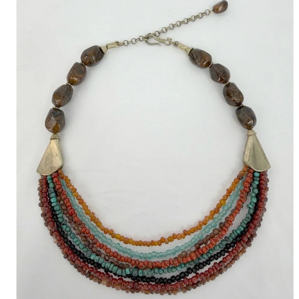 Boho Multi Strand Seed Bead Bib Necklace Earth Tone Marbled Resin Chic 103-156